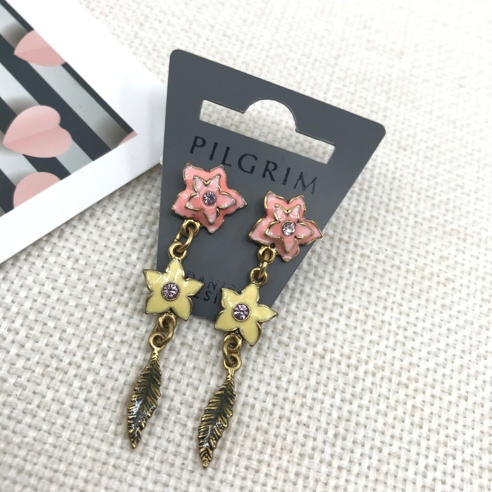 Yellow Pink Enamel Flower Feather Dangle Earrings